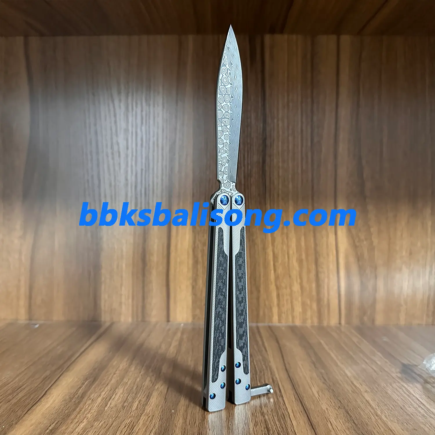 Theone EX10 Balisong Clone Carbon Fiber Patch+Titanium Handle Damascus Blade - Image 10