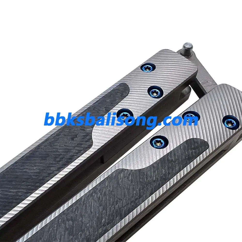 Theone EX10 Balisong Clone Carbon Fiber Patch+Titanium Handle Damascus Blade - Image 13