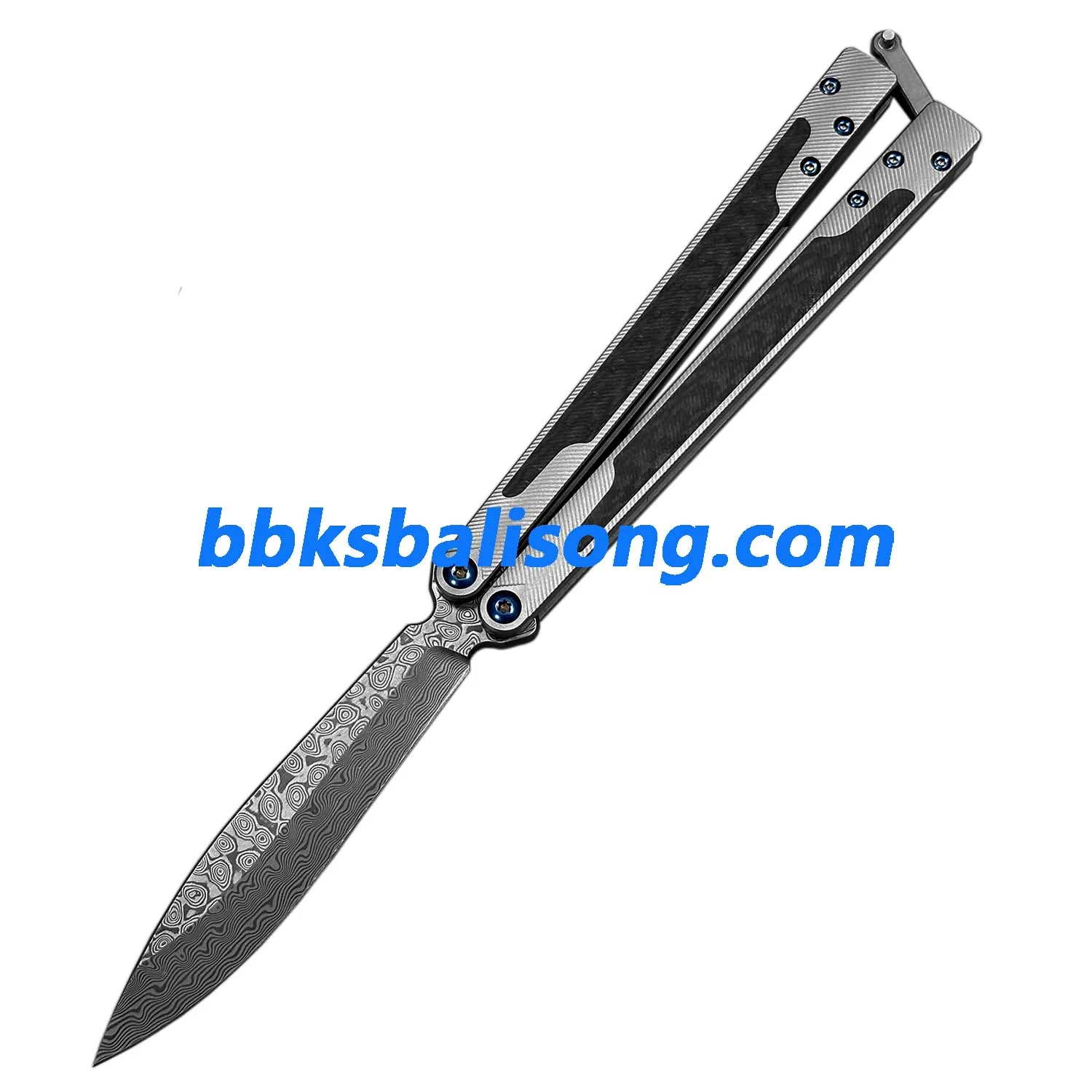 Theone EX10 Balisong Clone Carbon Fiber Patch+Titanium Handle Damascus Blade - Image 19