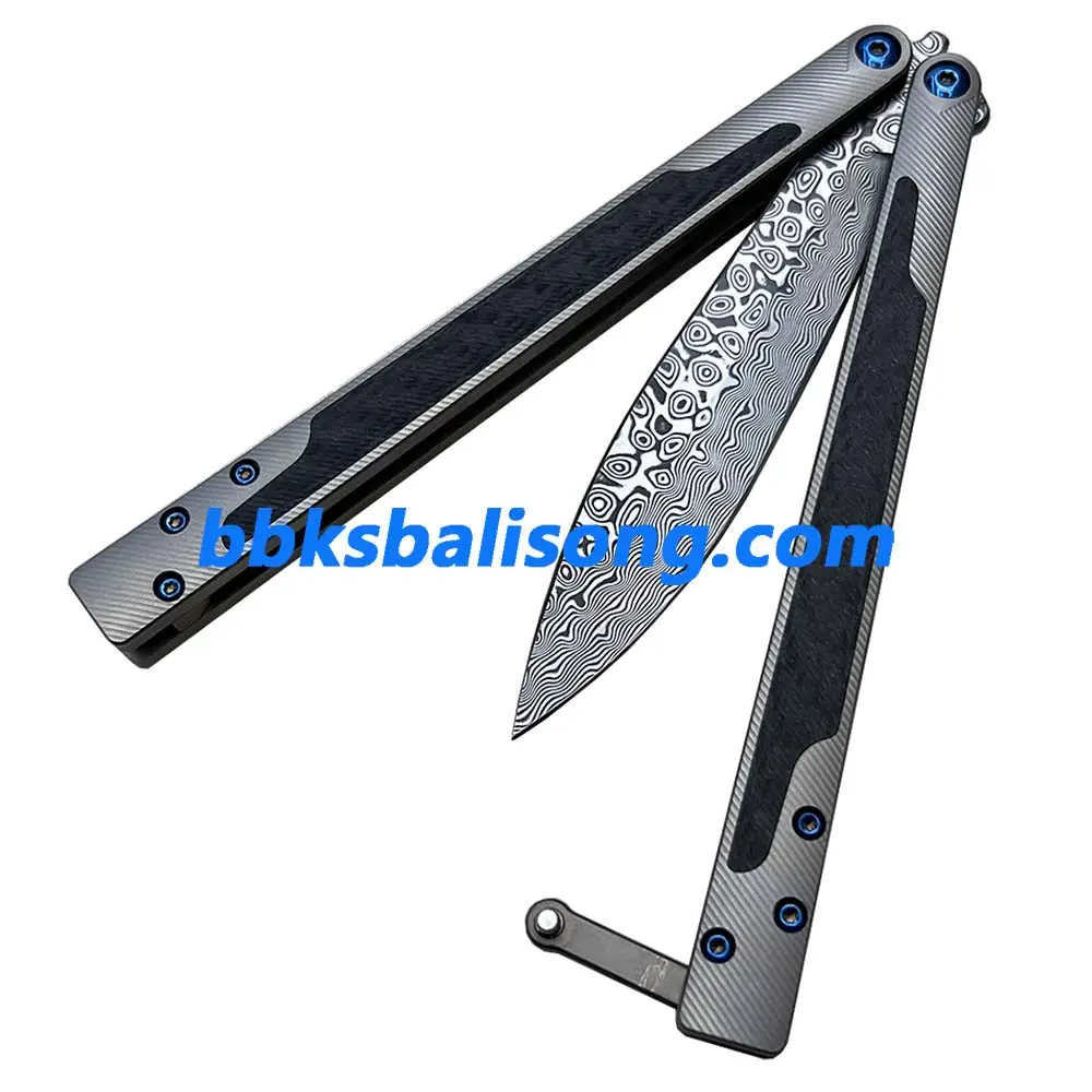 Theone EX10 Balisong Clone Carbon Fiber Patch+Titanium Handle Damascus Blade - Image 5