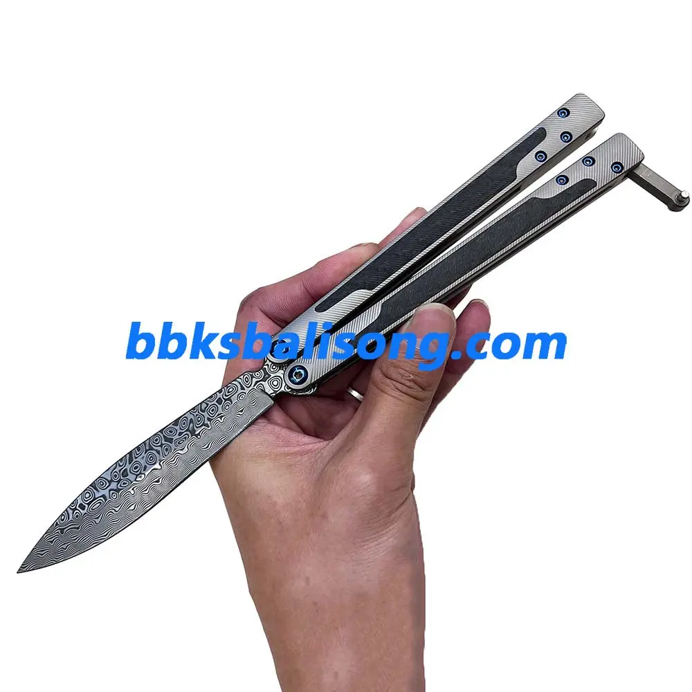 Theone EX10 Balisong Clone Carbon Fiber Patch+Titanium Handle Damascus Blade - Image 6