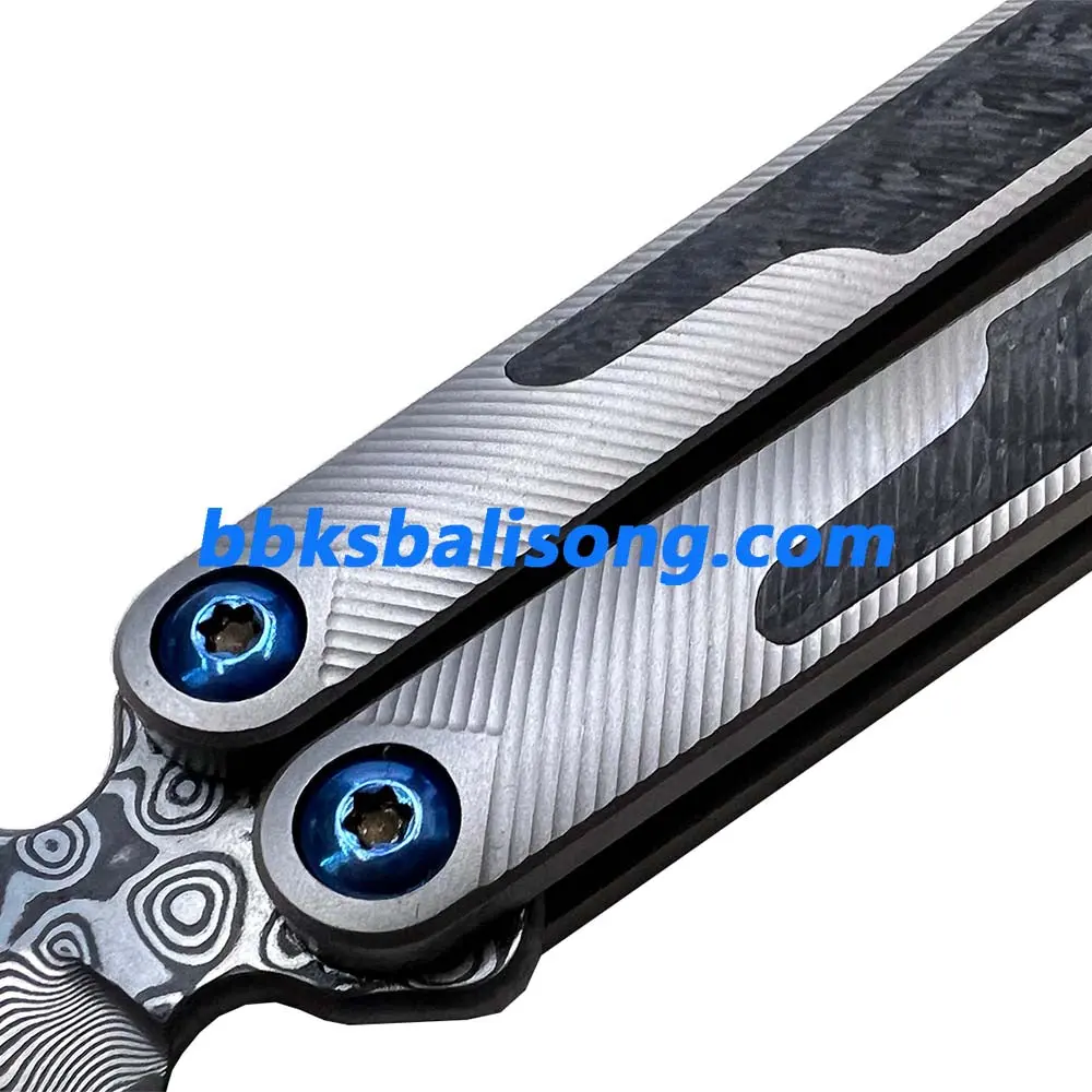 Theone EX10 Balisong Clone Carbon Fiber Patch+Titanium Handle Damascus Blade - Image 8