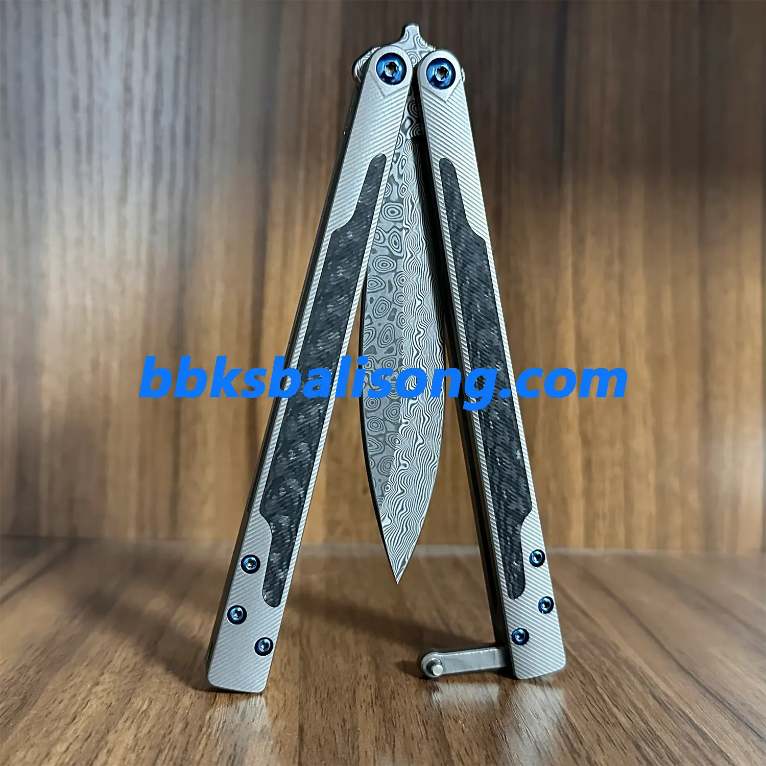 Theone EX10 Balisong Clone Carbon Fiber Patch+Titanium Handle Damascus Blade - Image 9