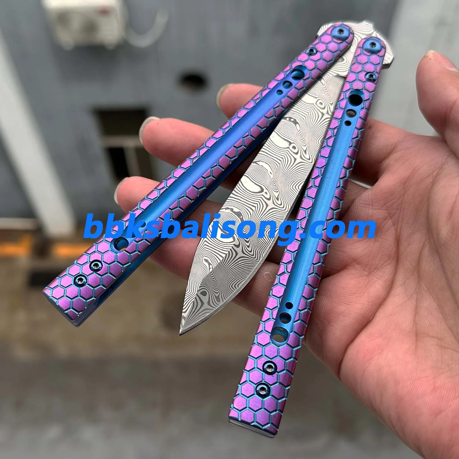 Theone Python Balisong Clone Titanium Handle Damascus Blade - Image 2