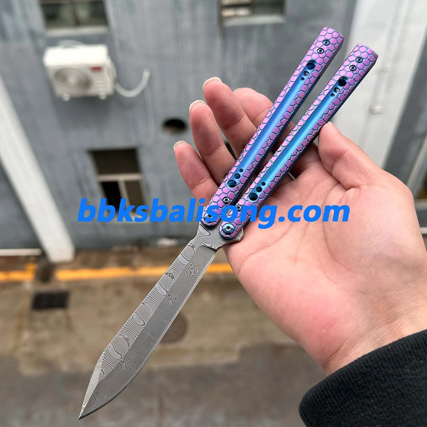 Theone Python Balisong Clone Titanium Handle Damascus Blade - Image 3