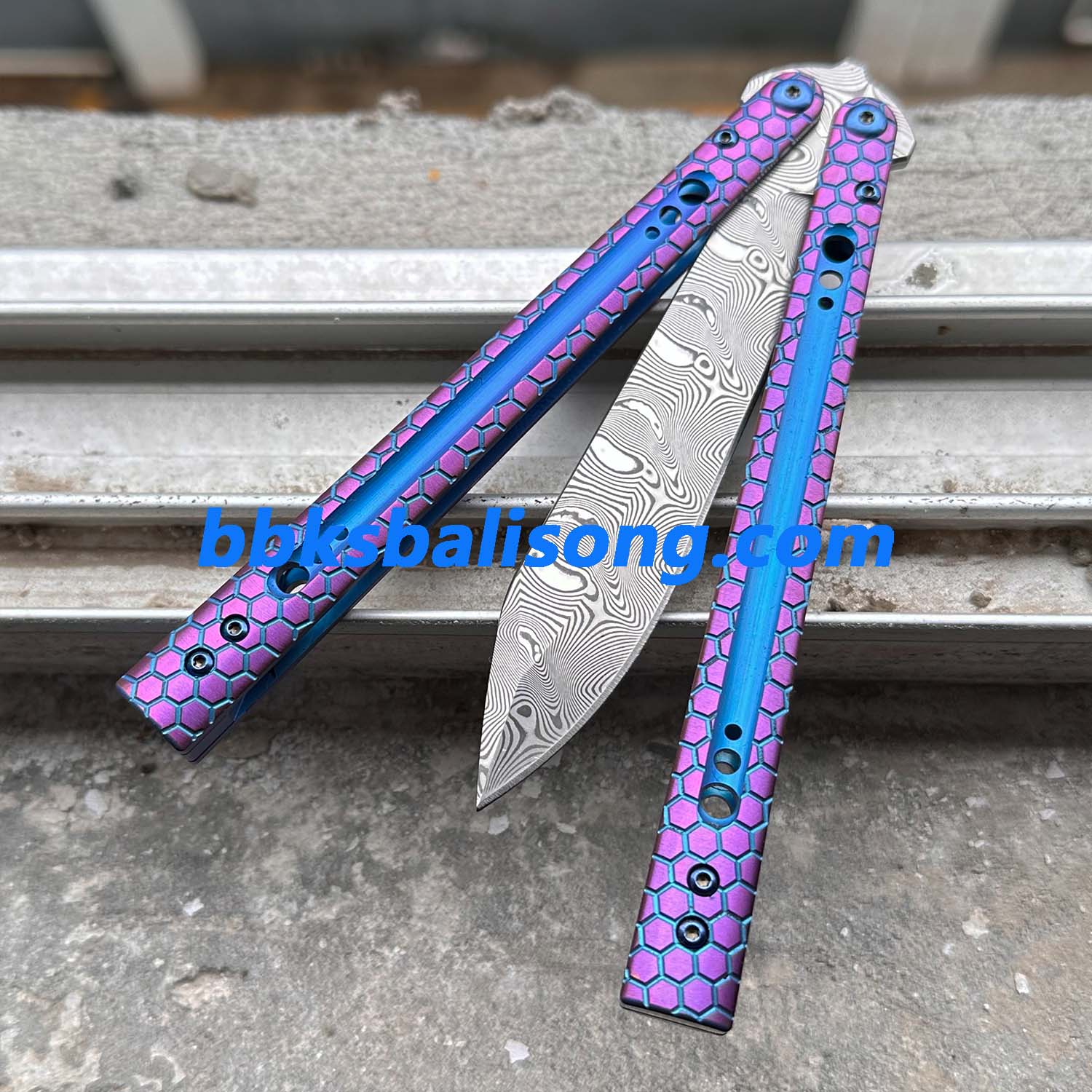 Theone Python Balisong Clone Titanium Handle Damascus Blade - Image 4