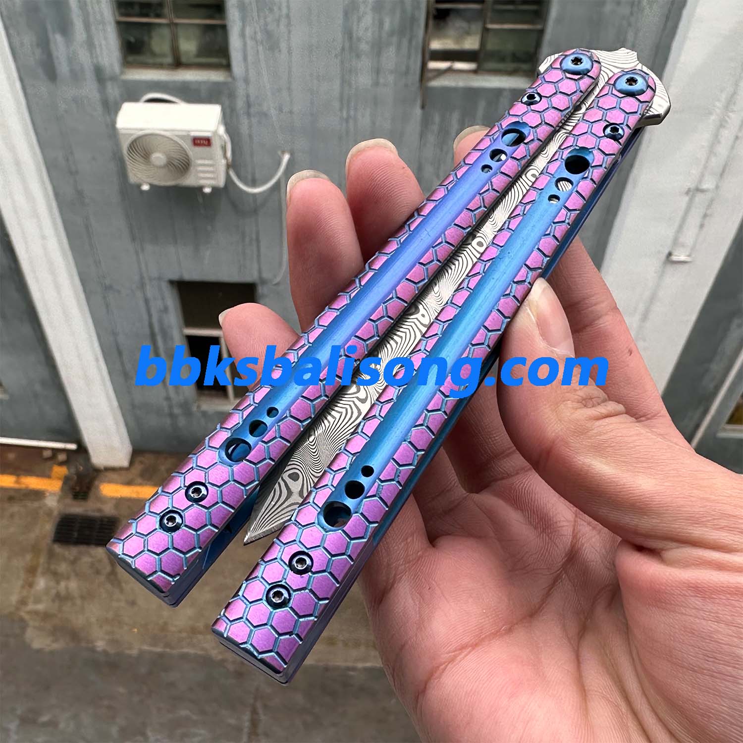 Theone Python Balisong Clone Titanium Handle Damascus Blade - Image 5