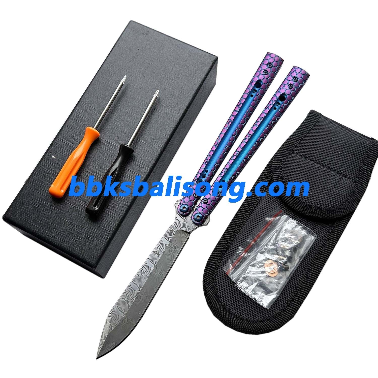 Theone Python Balisong Clone Titanium Handle Damascus Blade - Image 6