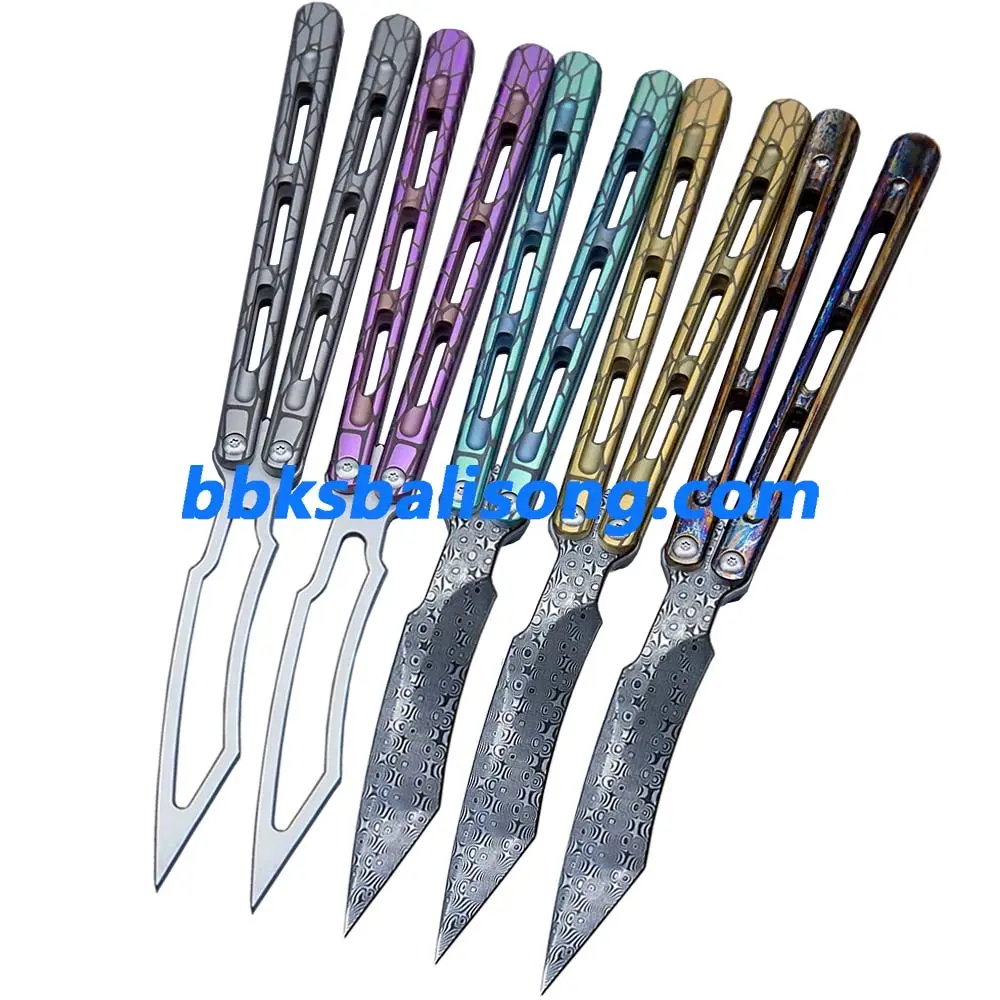Theone Viper Balisong Clone Titanium Handle Damascus Blade