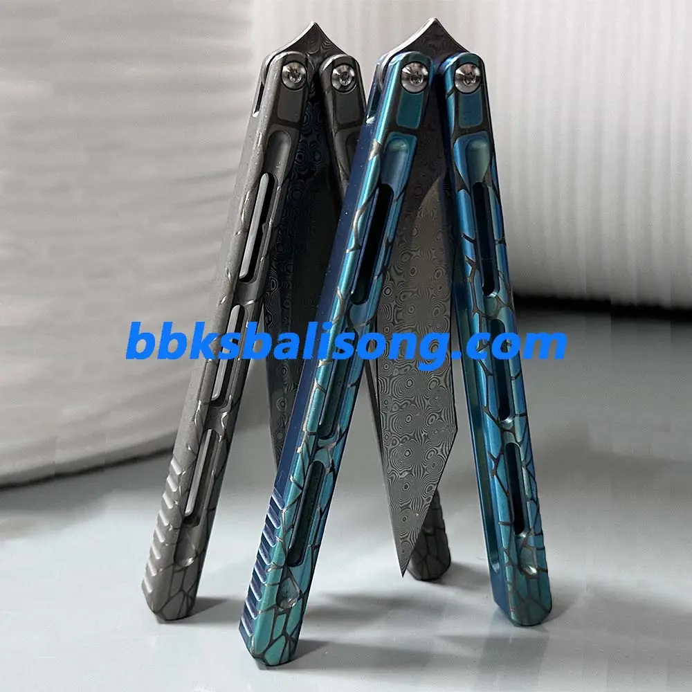 Theone Viper Balisong Clone Titanium Handle Damascus Blade - Image 11