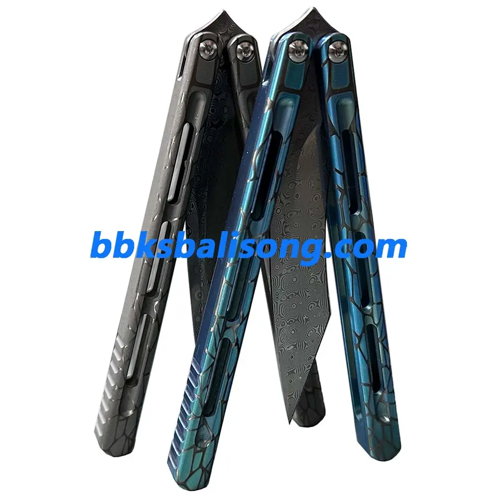 Theone Viper Balisong Clone Titanium Handle Damascus Blade - Image 2