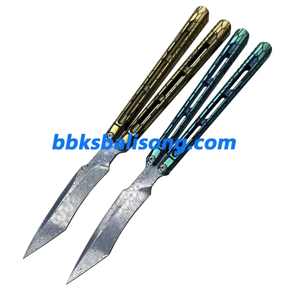 Theone Viper Balisong Clone Titanium Handle Damascus Blade - Image 3