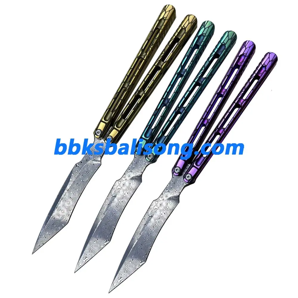 Theone Viper Balisong Clone Titanium Handle Damascus Blade - Image 5